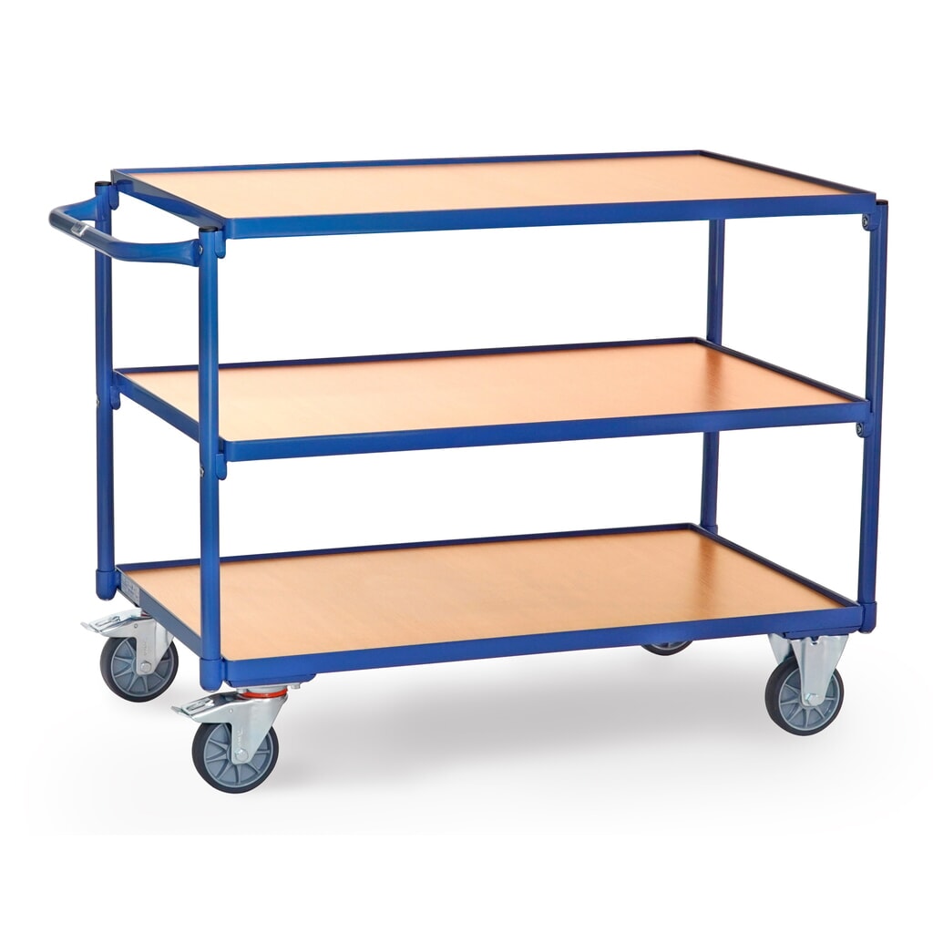 Stolový vozík fetra®, nosnosť 300 kg, 3 poschodia à 1000 x 600 mm, vodorovná manipulačná rukoväť Obrázok výrobku: Stolový vozík fetra®, nosnosť 300 kg, 3 poschodia à 1000 x 600 mm, vodorovná manipulačná rukoväť
