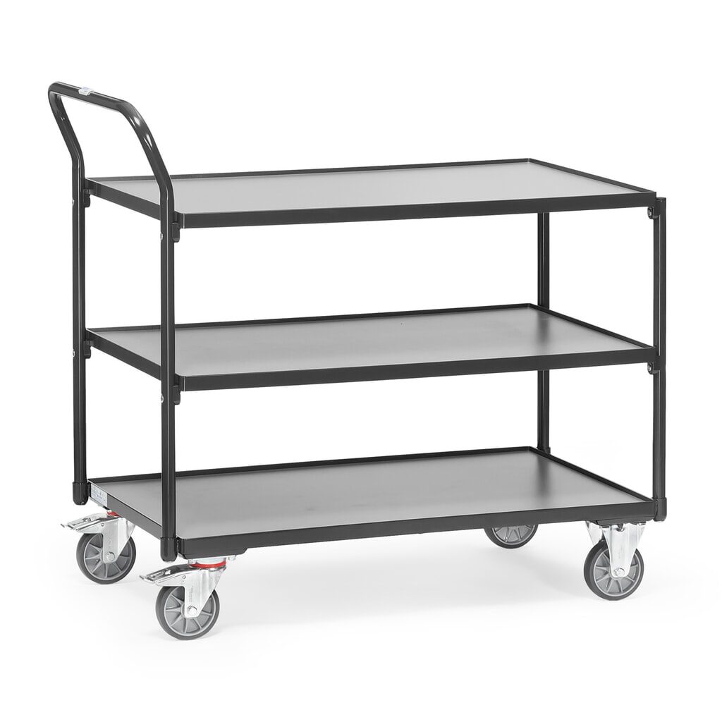 Stolový vozík fetra®, nosnosť 300 kg, 3 poschodia à 1000 x 600 mm, vysoká manipulačná rukoväť, antracitová šedá Obrázok výrobku: Stolový vozík fetra®, nosnosť 300 kg, 3 poschodia à 1000 x 600 mm, vysoká manipulačná rukoväť, antracitová šedá