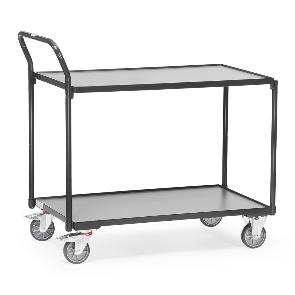 Stolový vozík fetra®, nosnosť 300 kg, 2 poschodia à 1000 x 600 mm, vysoká manipulačná rukoväť, antracitová šedá Obrázok výrobku: Stolový vozík fetra®, nosnosť 300 kg, 2 poschodia à 1000 x 600 mm, vysoká manipulačná rukoväť, antracitová šedá