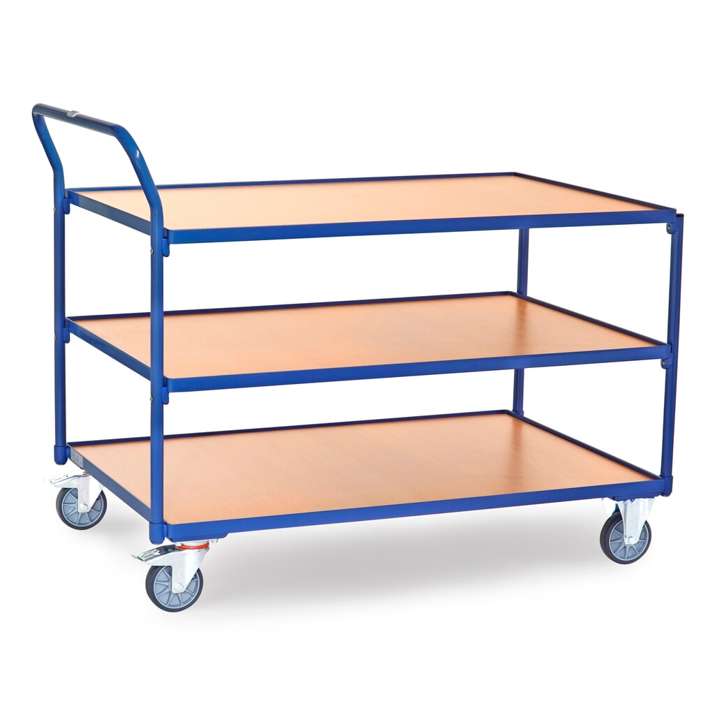 fetra® Stolový vozík, nosnosť 300 kg, 3 úrovne 1200 x 800 mm, vysoko stojace rukoväte Obrázok výrobku: fetra® Stolový vozík, nosnosť 300 kg, 3 úrovne 1200 x 800 mm, vysoko stojace rukoväte
