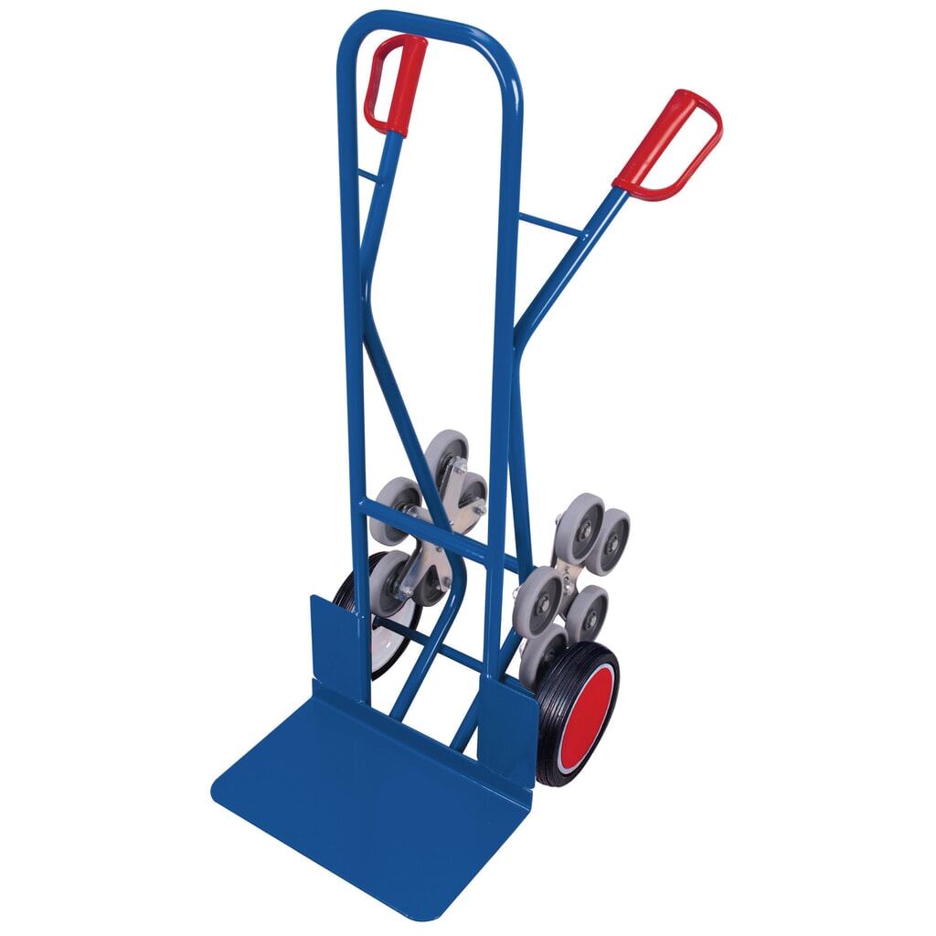Obrázok výrobku: VARIOfit® Oceľové táčky na schody, nosnosť 200 kg, 5-ramenný hviezdicový náboj kolesa, nakladacia plocha š x h 480 x 300 mm, celogumové pneumatiky, enciánovo modrá farba