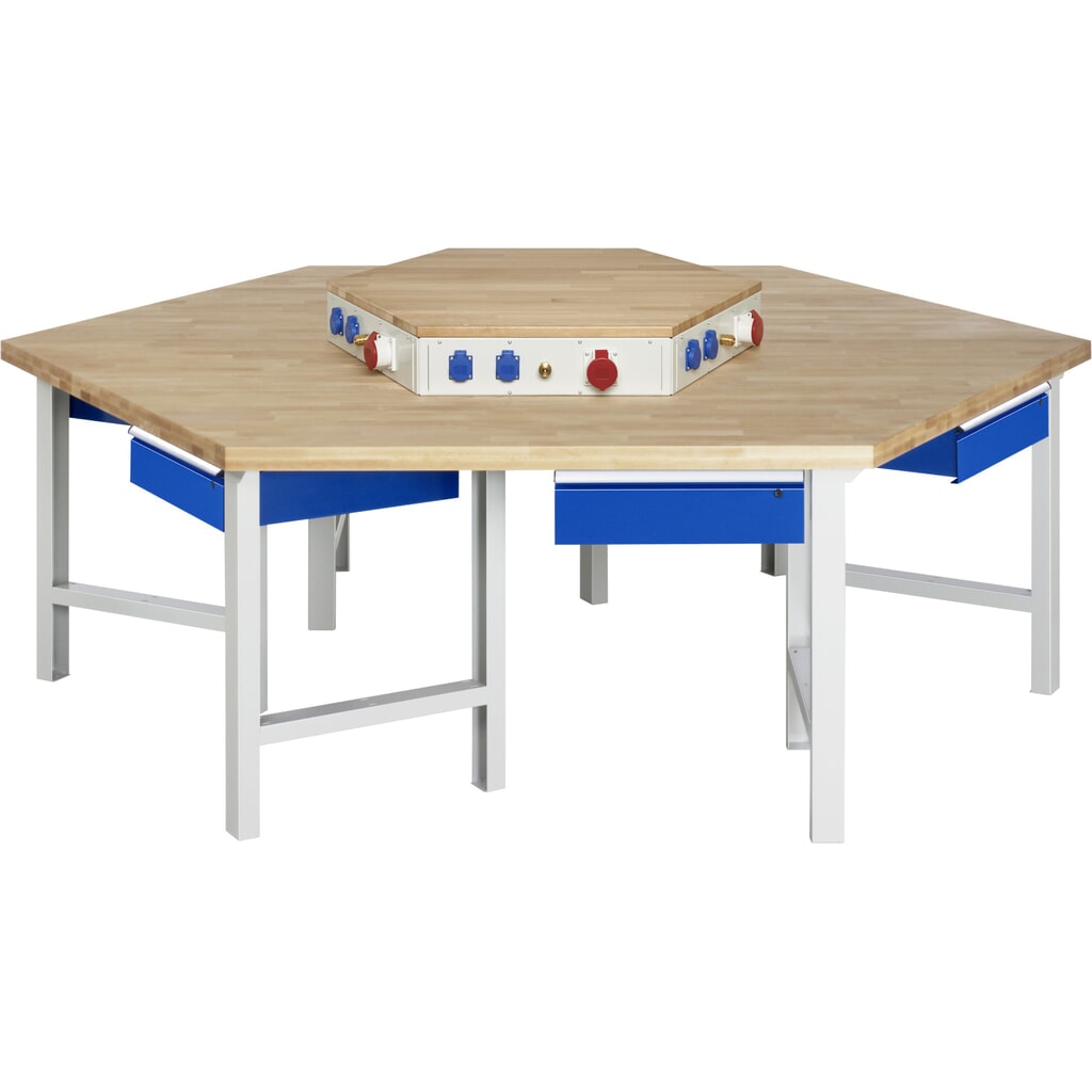 Viacmiestny pracovný stôl RAU série 4000, stredová napájacia konzola, v × š × h 840 × 2 700 × 2 340 mm, 6 zásuv. s ErgoScript® Číslo obrázka výrobku 1: Viacmiestny pracovný stôl RAU série 4000, stredová napájacia konzola, v × š × h 840 × 2 700 × 2 340 mm, 6 zásuv. s ErgoScript®