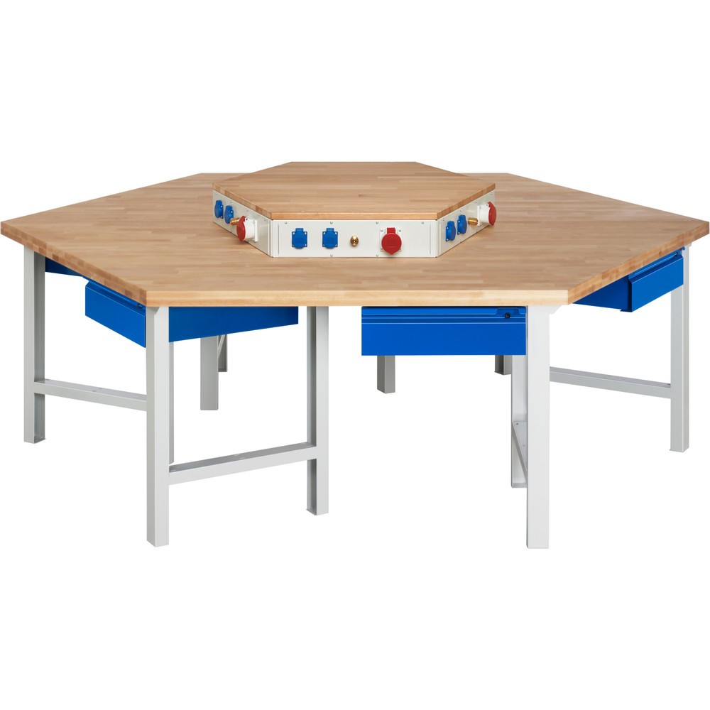 Číslo obrázka výrobku 1: Viacmiestny pracovný stôl RAU série 4000, stredová napájacia konzola, v × š × h 790 – 1 140 × 2 700 × 2 340 mm, 6 zásuv. so zahnutím rukoväti