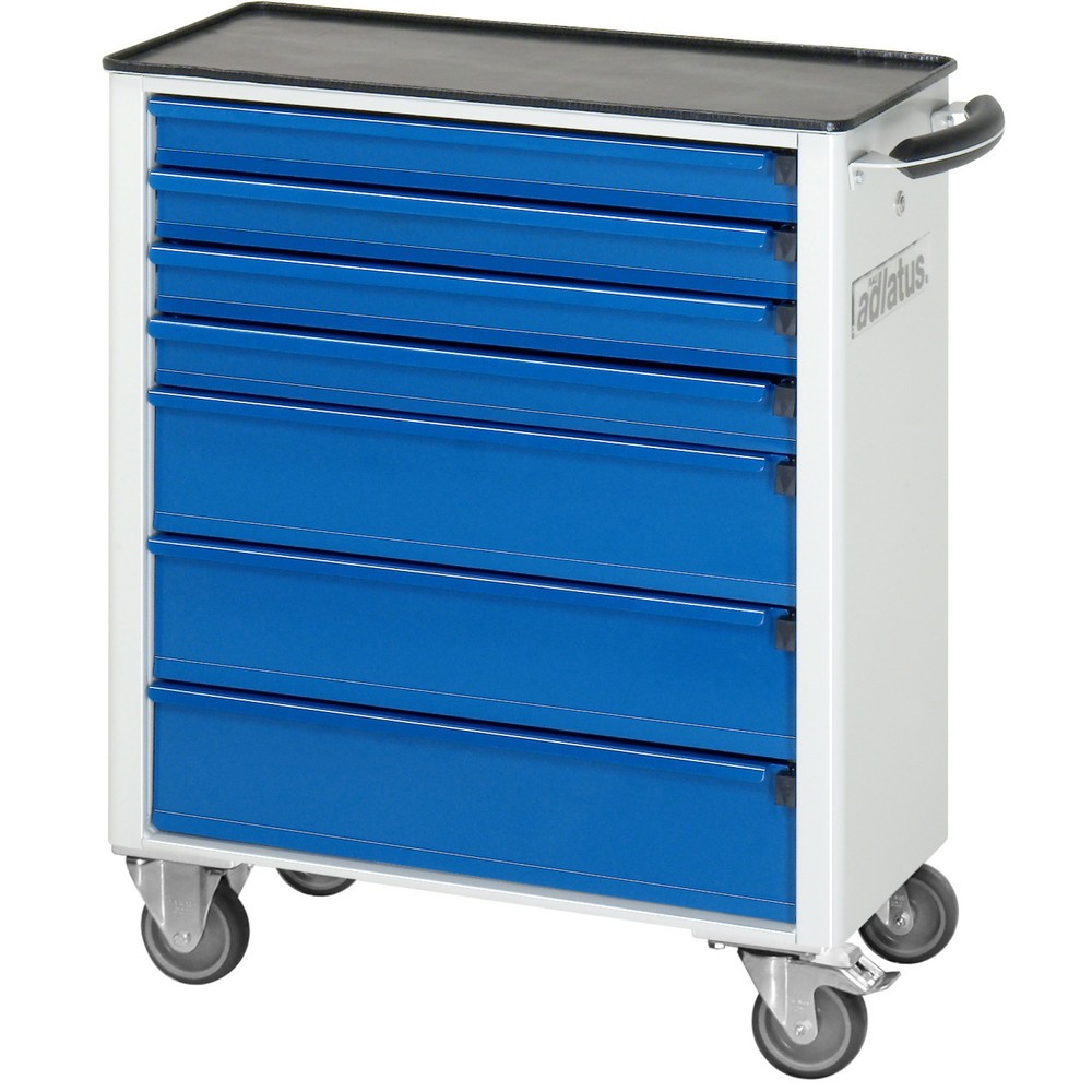 Číslo obrázka výrobku 2: Vozík na náradie vozík RAU série 700, v × š × h 860 × 700 × 350 mm, 7 zásuv. 4 × 65, 3 × 130 mm, kovová pracovná doska