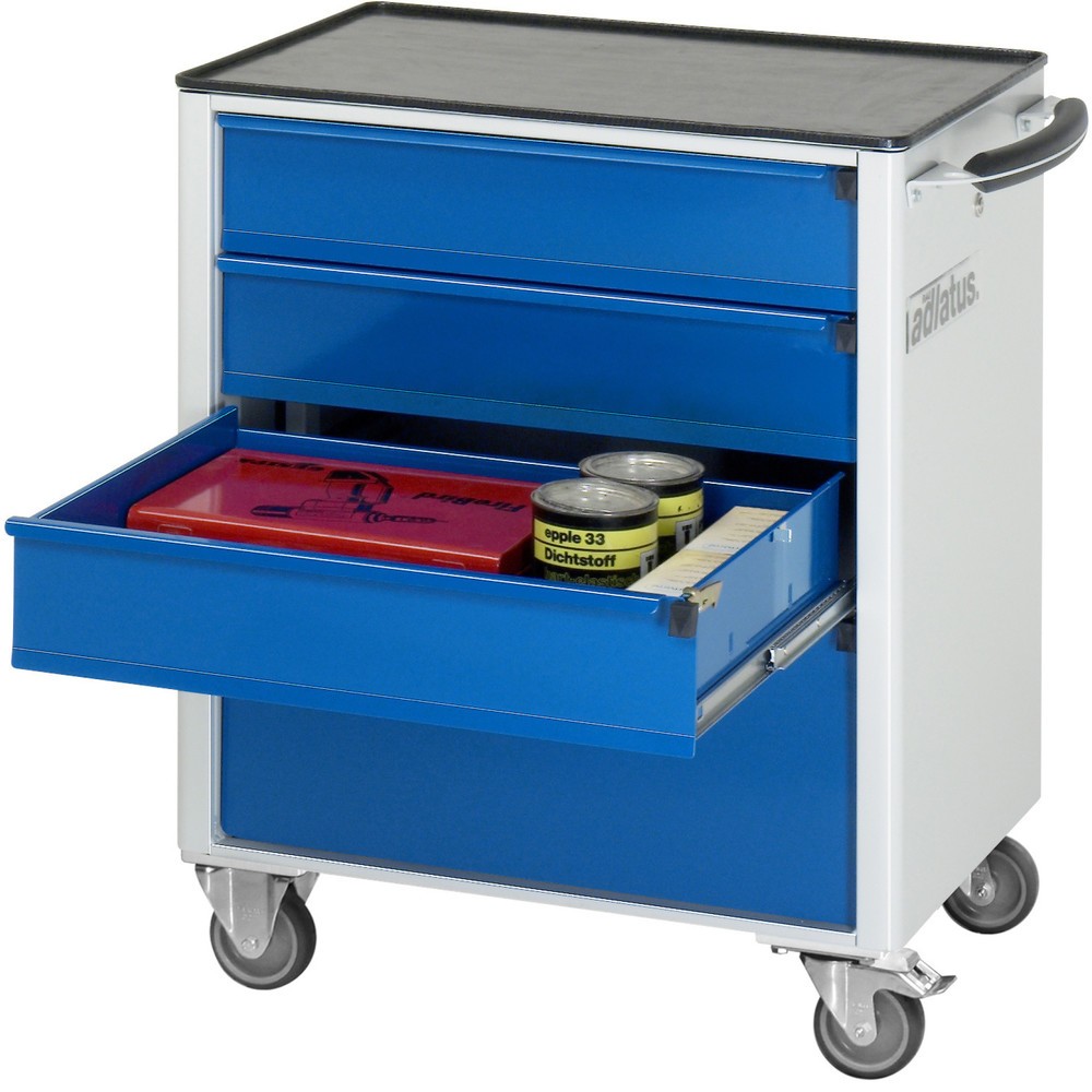 Obrázok výrobku: Vozík na náradie vozík RAU série 700, v × š × h 860 × 700 × 510 mm, 4 zásuv. 3 × 130, 1 × 260 mm, kovová pracovná doska
