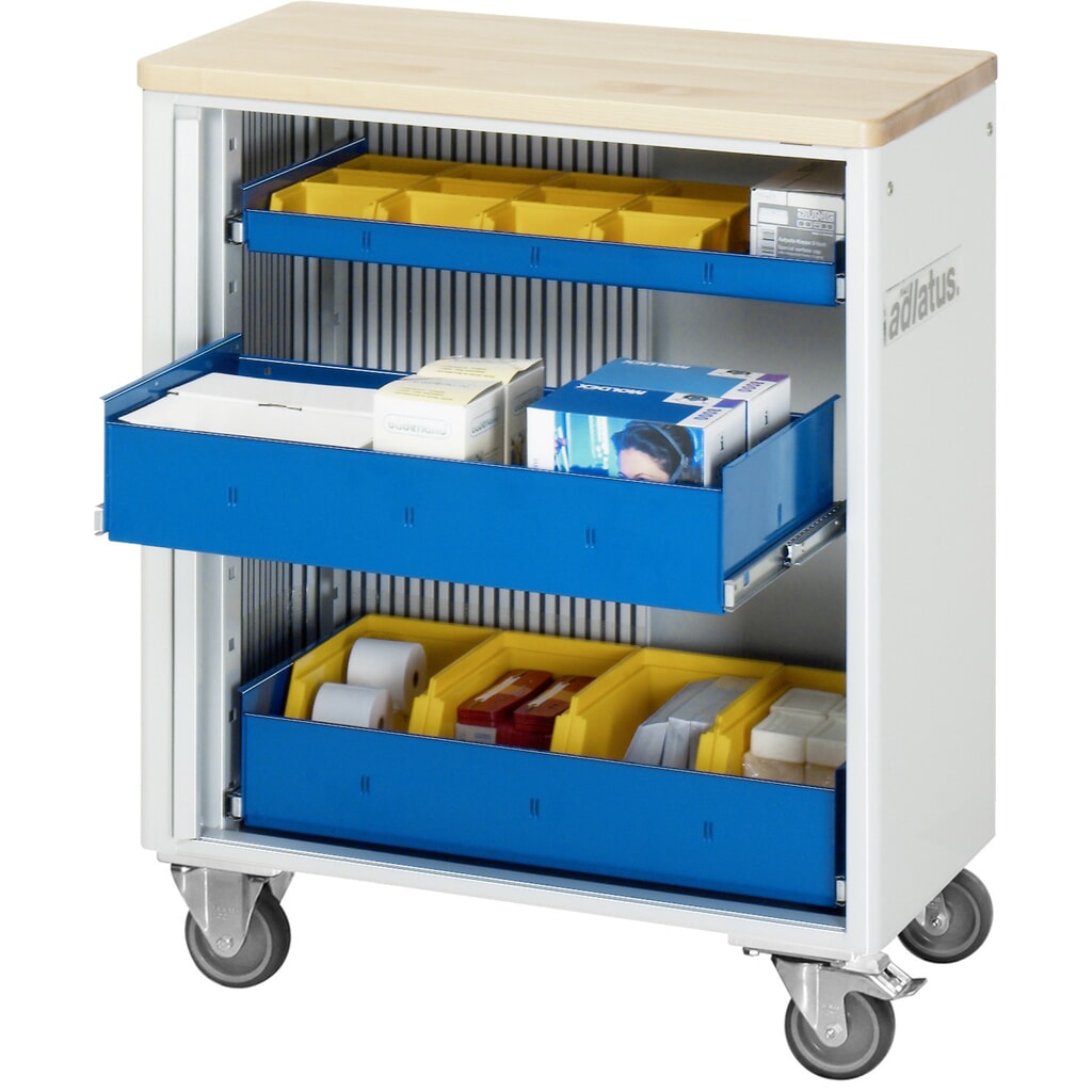 Vozík na náradie vozík RAU série 700, v × š × h 860 × 725 × 400 mm, 3 zásuv. 1 × 40, 2 × 105 mm, buková pracovná doska Obrázok výrobku: Vozík na náradie vozík RAU série 700, v × š × h 860 × 725 × 400 mm, 3 zásuv. 1 × 40, 2 × 105 mm, buková pracovná doska