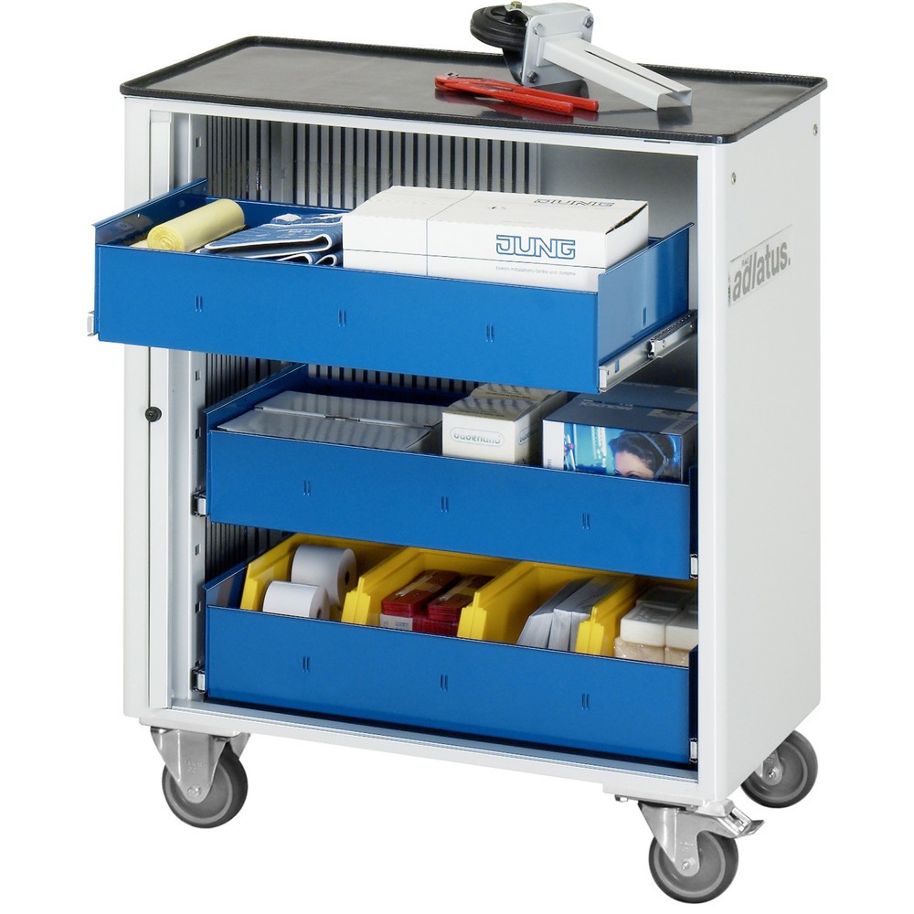 Číslo obrázka výrobku 1: Vozík na náradie vozík RAU série 700, v × š × h 860 × 725 × 400 mm, 3 zásuv. 3 × 105 mm, kovová pracovná doska