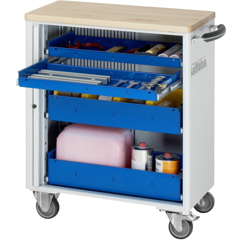 Obrázok výrobku: Vozík na náradie vozík RAU série 700, v × š × h 860 × 725 × 400 mm, 4 zásuv. 2 × 40, 2 × 105 mm, buková pracovná doska