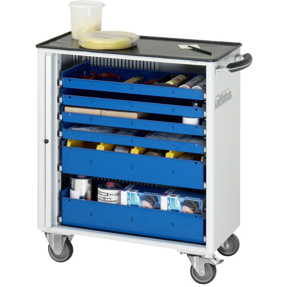 Obrázok výrobku: Vozík na náradie vozík RAU série 700, v × š × h 860 × 725 × 400 mm, 6 zásuv. 4 × 40, 2 × 105 mm, kovová pracovná doska