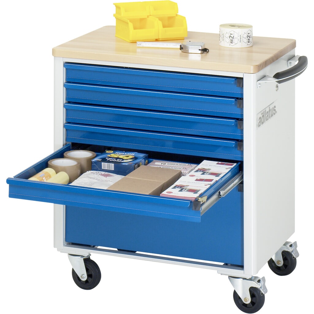 Obrázok výrobku: Vozík na náradie vozík RAU série 700, v × š × h 790 × 700 × 510 mm, 6 zásuv. 5 × 65, 1 × 260 mm, buková pracovná doska