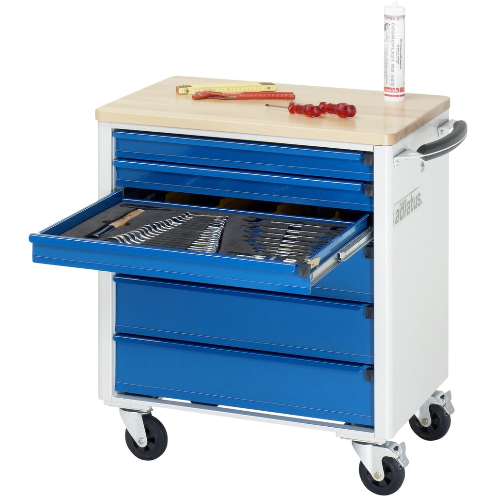 Obrázok výrobku: Vozík na náradie vozík RAU série 700, v × š × h 790 × 700 × 510 mm, 6 zásuv. 3 × 65, 3 × 130 mm, buková pracovná doska