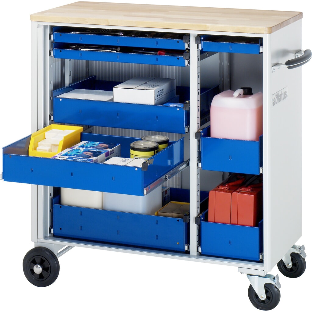 Obrázok výrobku: Vozík na náradie RAU série adlatus, v × š × h 1 080 × 1 025 × 520 mm, 8 zásuv. 3 × 40, 2 × 105, 3 × 130 mm, buková pracovná doska