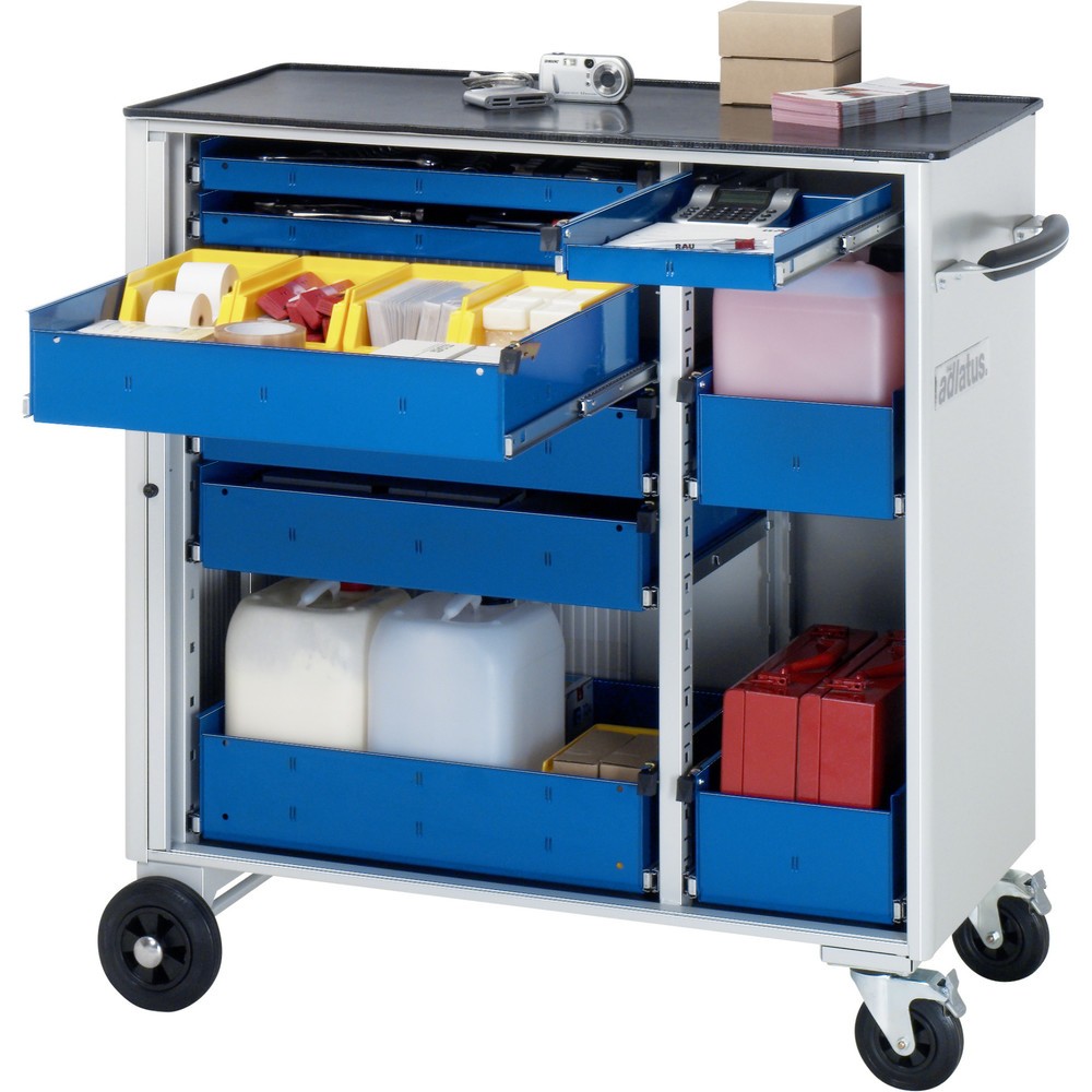 Obrázok výrobku: Vozík na náradie RAU série adlatus, v × š × h 1 080 × 1 025 × 520 mm, 9 zásuv. 3 × 40, 3 × 105, 3 × 130 mm, kovová pracovná doska
