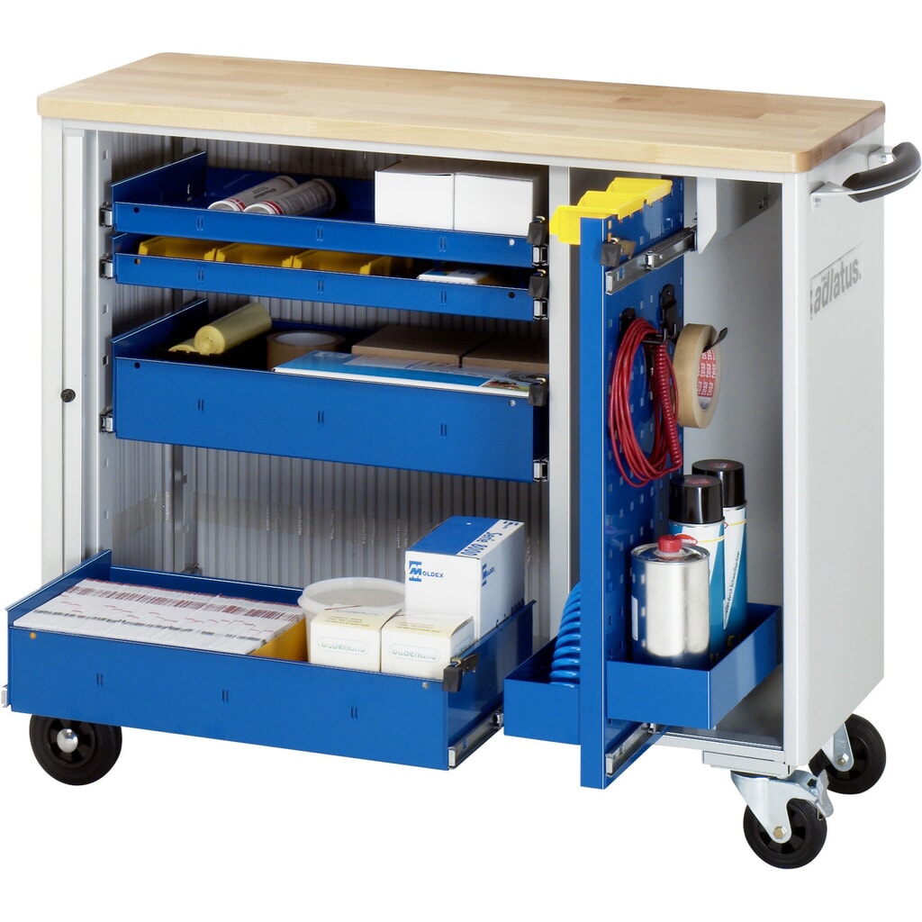 Vozík na náradie vozík RAU série adlatus, v × š × h 860 × 1 025 × 400 mm, 4 zásuv. 2 × 40, 2 × 105 mm, buková pracovná doska Obrázok výrobku: Vozík na náradie vozík RAU série adlatus, v × š × h 860 × 1 025 × 400 mm, 4 zásuv. 2 × 40, 2 × 105 mm, buková pracovná doska