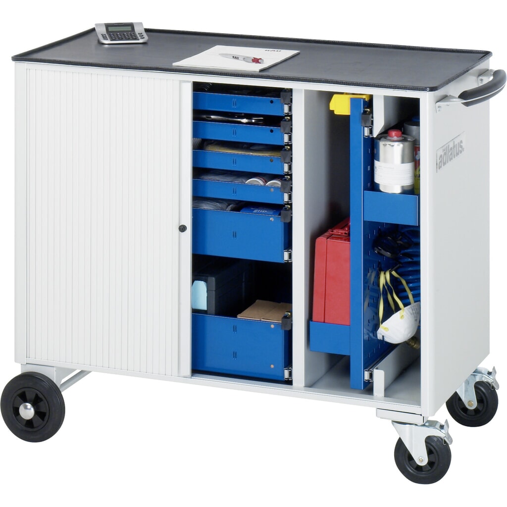 Číslo obrázka výrobku 3: Vozík na náradie RAU série adlatus, v × š × h 890 × 1 025 × 520 mm, 6 zásuv. 4 × 40, 1 × 105, 1 × 130 mm, kovová pracovná doska