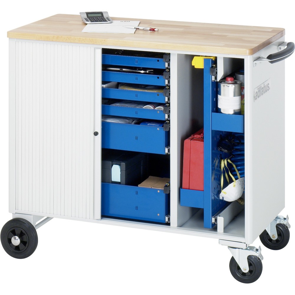 Číslo obrázka výrobku 4: Vozík na náradie RAU série adlatus, v × š × h 890 × 1 025 × 520 mm, 6 zásuv. 4 × 40, 1 × 105, 1 × 130 mm, buková pracovná doska