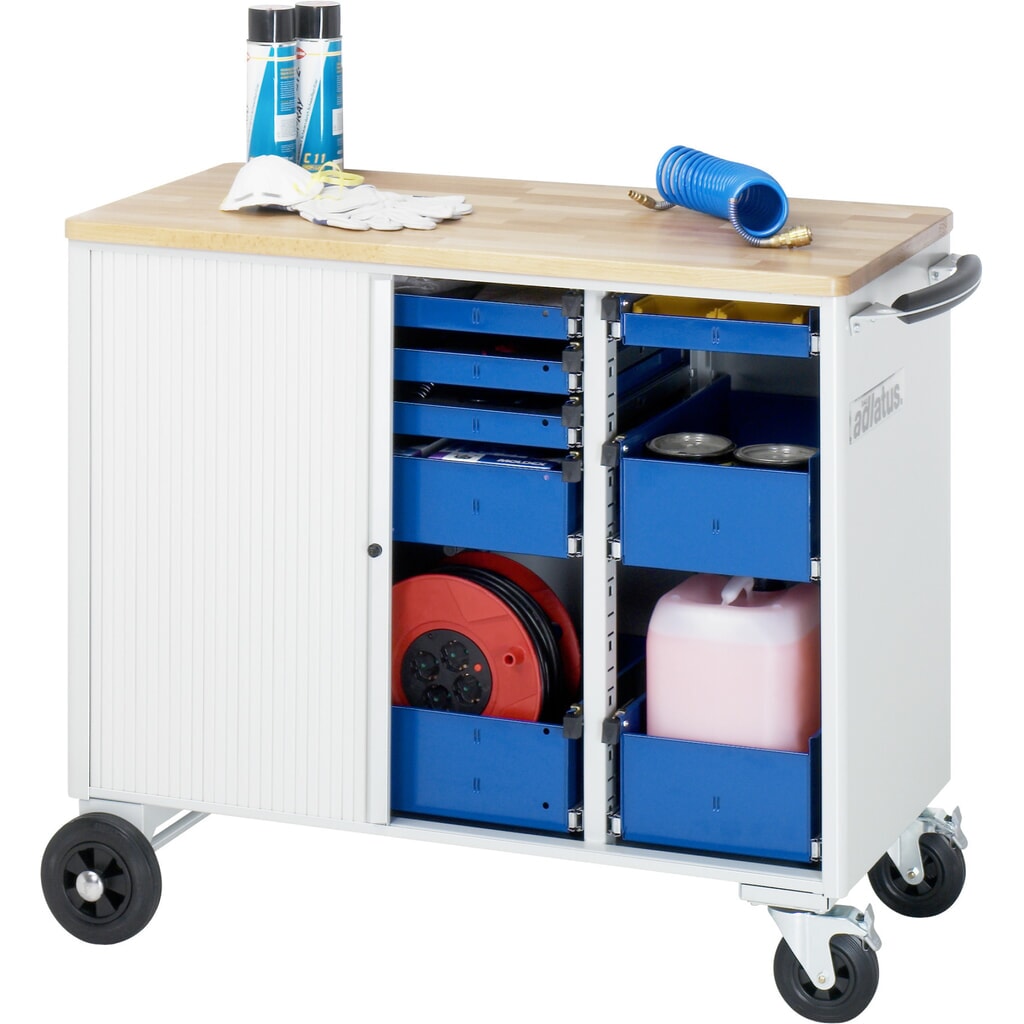 Číslo obrázka výrobku 4: Vozík na náradie RAU série adlatus, v × š × h 890 × 1 025 × 520 mm, 8 zásuv. 3 × 40, 1 × 105, 1 × 130 mm, buková pracovná doska