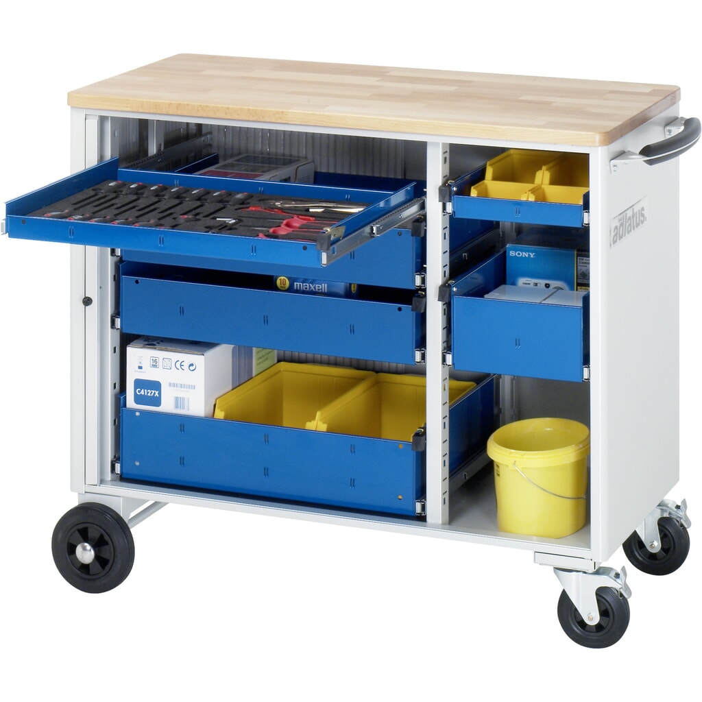 Číslo obrázka výrobku 1: Vozík na náradie RAU série adlatus, v × š × h 890 × 1 025 × 520 mm, 6 zásuv. 2 × 40, 2 × 105, 2 × 130 mm, buková pracovná doska