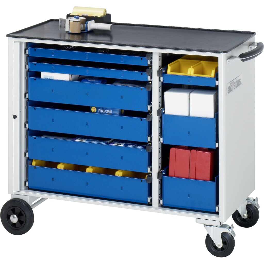 Obrázok výrobku: Vozík na náradie RAU série adlatus, v × š × h 890 × 1 025 × 520 mm, 9 zásuv. 3 × 40, 4 × 105, 2 × 130 mm, kovová pracovná doska