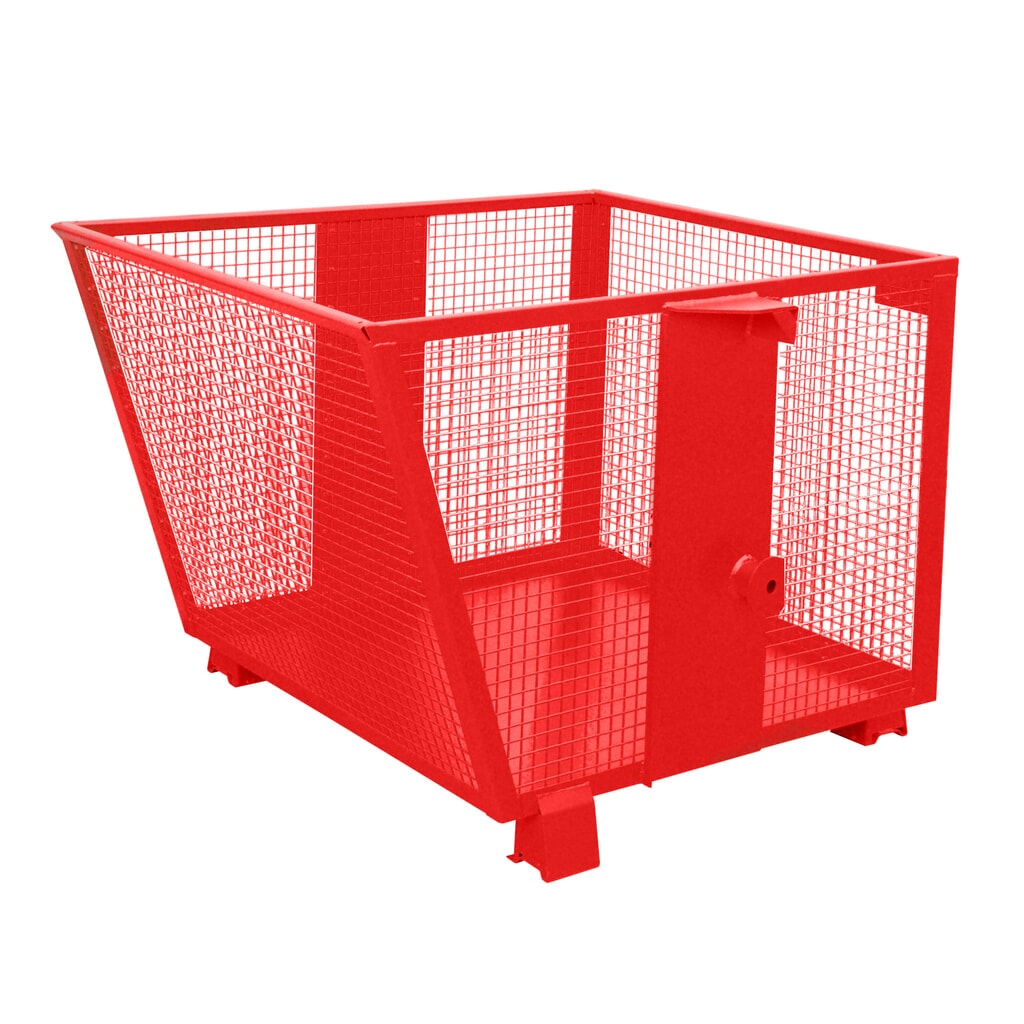 Bauer® Vyklápací zásobník s mriežkovanými stenami, lakovaný, objem 0,9 m³, RAL 3000 ohnivá červená Obrázok výrobku: Bauer® Vyklápací zásobník s mriežkovanými stenami, lakovaný, objem 0,9 m³, RAL 3000 ohnivá červená
