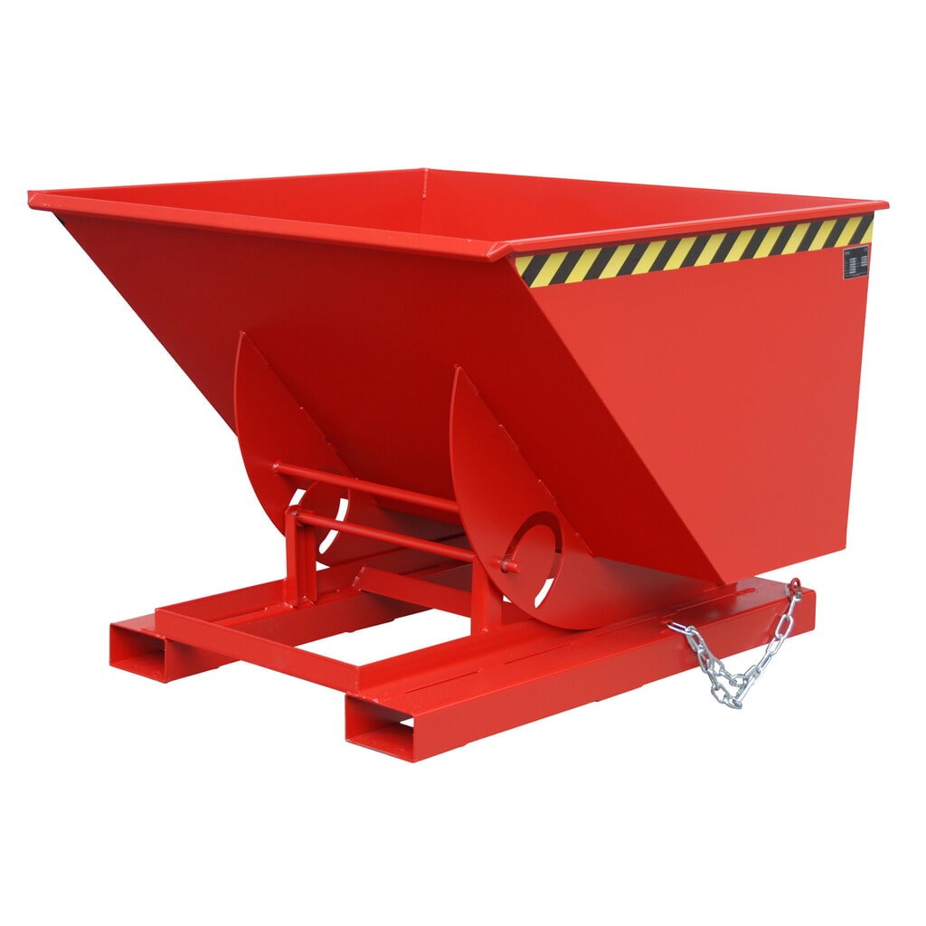 Bauer® Vyklápací zásobník s pojazdnou mechanikou, nosnosť 1 000 kg, lakovaný, objem 1 m³, RAL 3000 ohnivá červená Obrázok výrobku: Bauer® Vyklápací zásobník s pojazdnou mechanikou, nosnosť 1 000 kg, lakovaný, objem 1 m³, RAL 3000 ohnivá červená