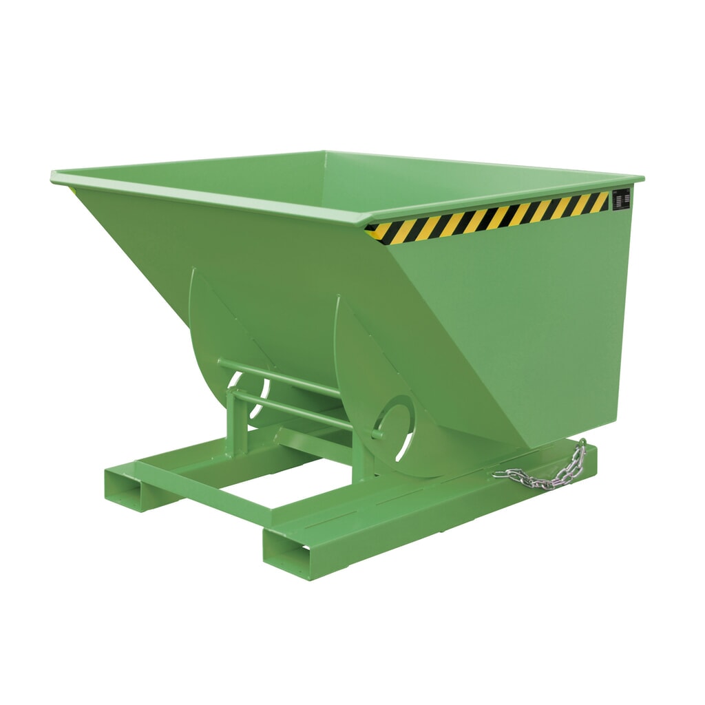 Bauer® Vyklápací zásobník s pojazdnou mechanikou, nosnosť 1 000 kg, lakovaný, objem 1 m³, RAL 6011 žltozelená Obrázok výrobku: Bauer® Vyklápací zásobník s pojazdnou mechanikou, nosnosť 1 000 kg, lakovaný, objem 1 m³, RAL 6011 žltozelená