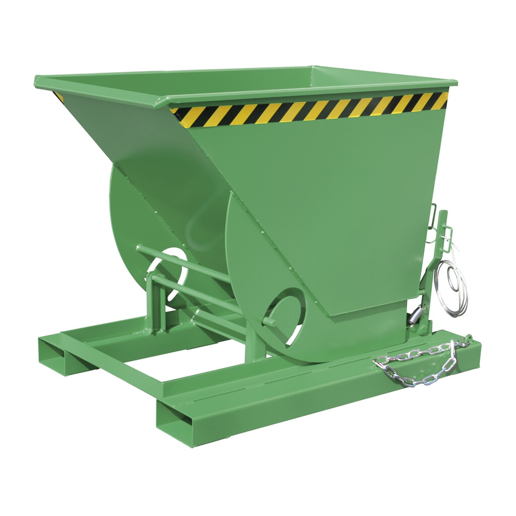 Bauer® Vyklápací zásobník s pojazdnou mechanikou, nosnosť 1 000 kg, lakovaný, objem 0,5 m³, RAL 6011 žltozelená Obrázok výrobku: Bauer® Vyklápací zásobník s pojazdnou mechanikou, nosnosť 1 000 kg, lakovaný, objem 0,5 m³, RAL 6011 žltozelená