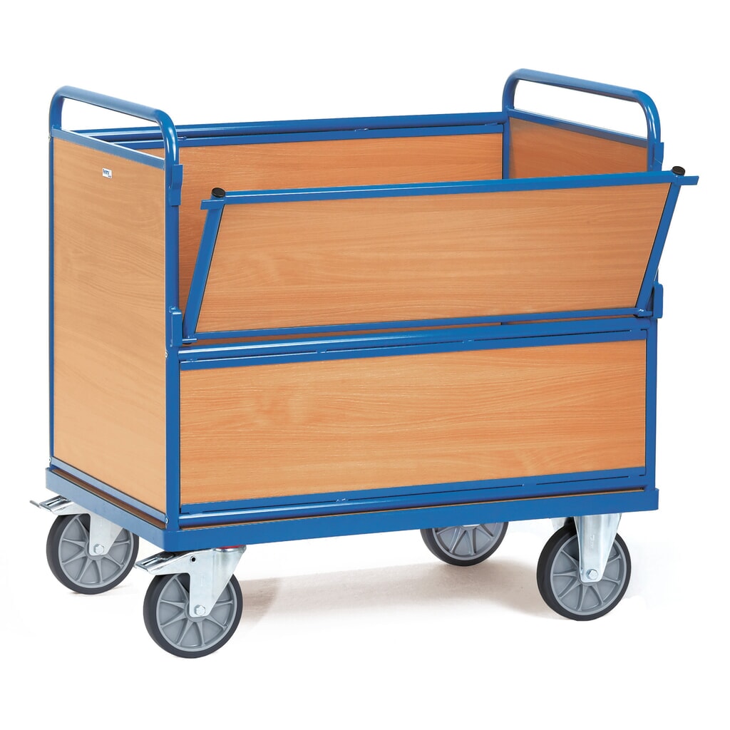Obrázok výrobku: vyklápací skip fetra® s drevenými stenami, ložná plocha 700 x 1.000 mm
