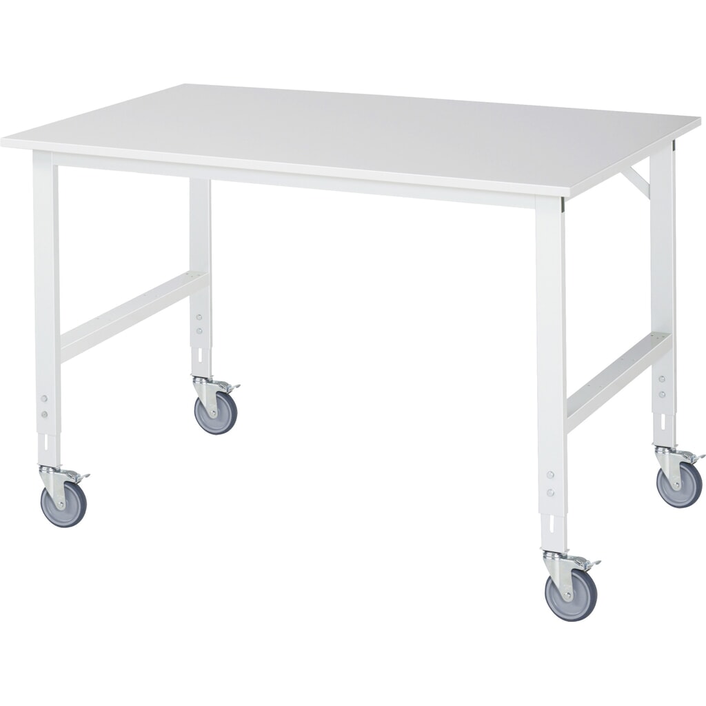 Obrázok výrobku: Výškovo nastaviteľný, mobilný pracovný stôl RAU série TOM, výška 910 –1 230 mm, š × h 1 500 × 1 000 mm, pracovná doska s melamínovým povrchom