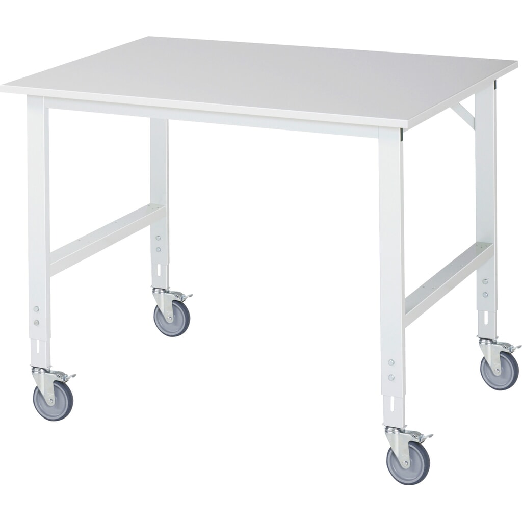 Obrázok výrobku: Výškovo nastaviteľný, mobilný pracovný stôl RAU série TOM, výška 910 –1 230 mm, š × h 1 250 × 1 000 mm, pracovná doska s melamínovým povrchom