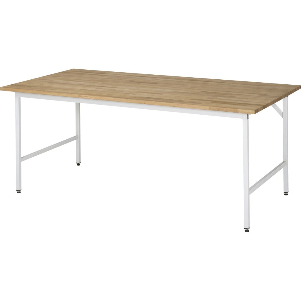 Výškovo nastaviteľný pracovný stôl RAU série JERRY, v × š × h 800 – 850 × 2 500 × 1 000 mm, pracovná doska z bukového masívu Obrázok výrobku: Výškovo nastaviteľný pracovný stôl RAU série JERRY, v × š × h 800 – 850 × 2 500 × 1 000 mm, pracovná doska z bukového masívu