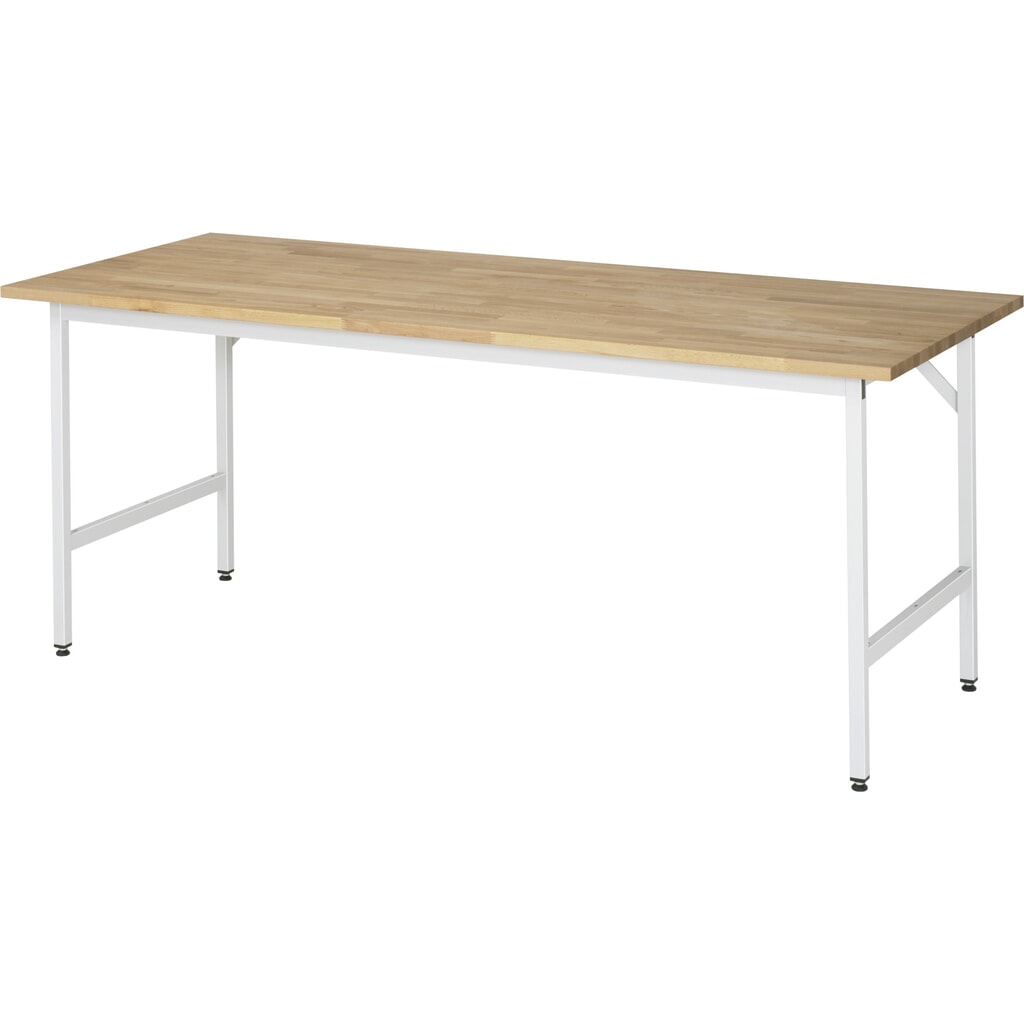 Obrázok výrobku: Výškovo nastaviteľný pracovný stôl RAU série JERRY, v × š × h 800 – 850 × 2 500 × 800 mm, pracovná doska z bukového masívu