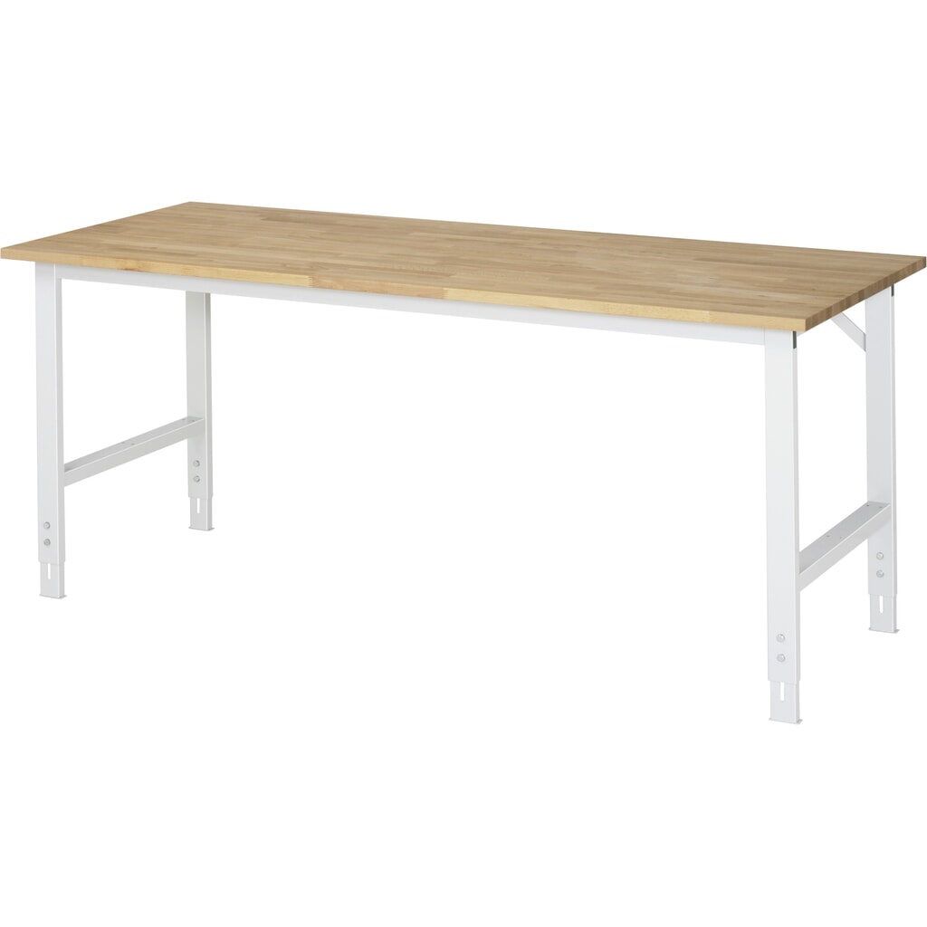 Výškovo nastaviteľný pracovný stôl RAU série TOM, v × š × h 760 – 1 080 × 2 000 × 800 mm, pracovná doska z bukového masívu Obrázok výrobku: Výškovo nastaviteľný pracovný stôl RAU série TOM, v × š × h 760 – 1 080 × 2 000 × 800 mm, pracovná doska z bukového masívu