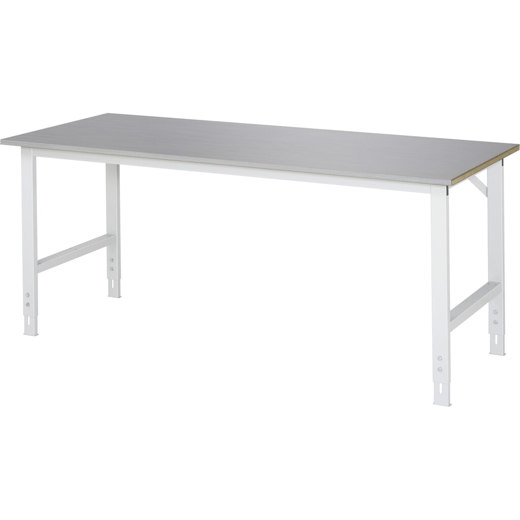 Obrázok výrobku: Výškovo nastaviteľný pracovný stôl RAU série TOM, v × š × h 760 – 1 080 × 2 000 × 800 mm, pracovná doska s povrchom z plechu z nehrdzavejúcej ocele