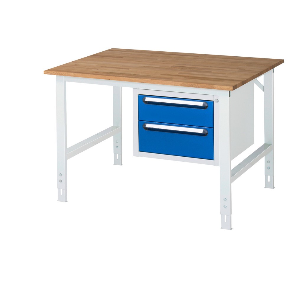 Číslo obrázka výrobku 1: Výškovo nastaviteľný pracovný stôl RAU série TOM, v × š × h 760 – 1 080 × 1 250 × 1 000 mm, 2 zásuv., pracovná doska z bukového masívu