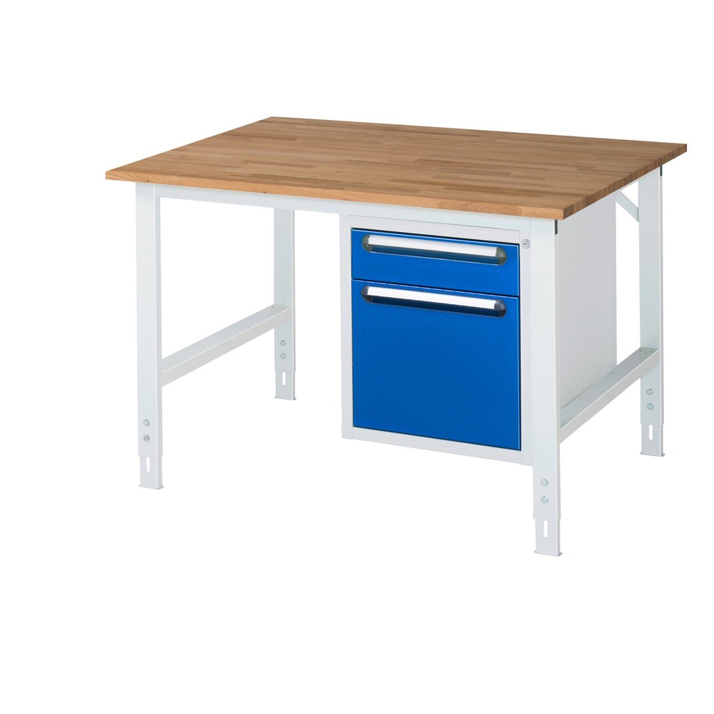 Číslo obrázka výrobku 1: Výškovo nastaviteľný pracovný stôl RAU série TOM, v × š × h 760 – 1 080 × 1 250 × 1 000 mm, 2 zásuv., pracovná doska z bukového masívu