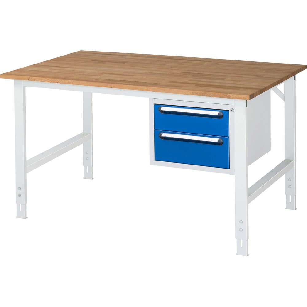 Číslo obrázka výrobku 1: Výškovo nastaviteľný pracovný stôl RAU série TOM, v × š × h 760 – 1 080 × 1 500 × 1 000 mm, 2 zásuv., pracovná doska z bukového masívu