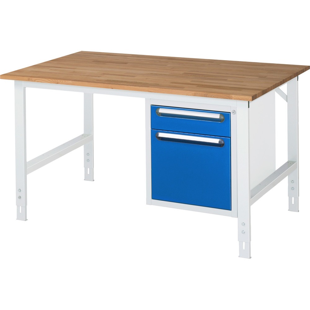 Číslo obrázka výrobku 1: Výškovo nastaviteľný pracovný stôl RAU série TOM, v × š × h 760 – 1 080 × 1 500 × 1 000 mm, 2 zásuv., pracovná doska z bukového masívu