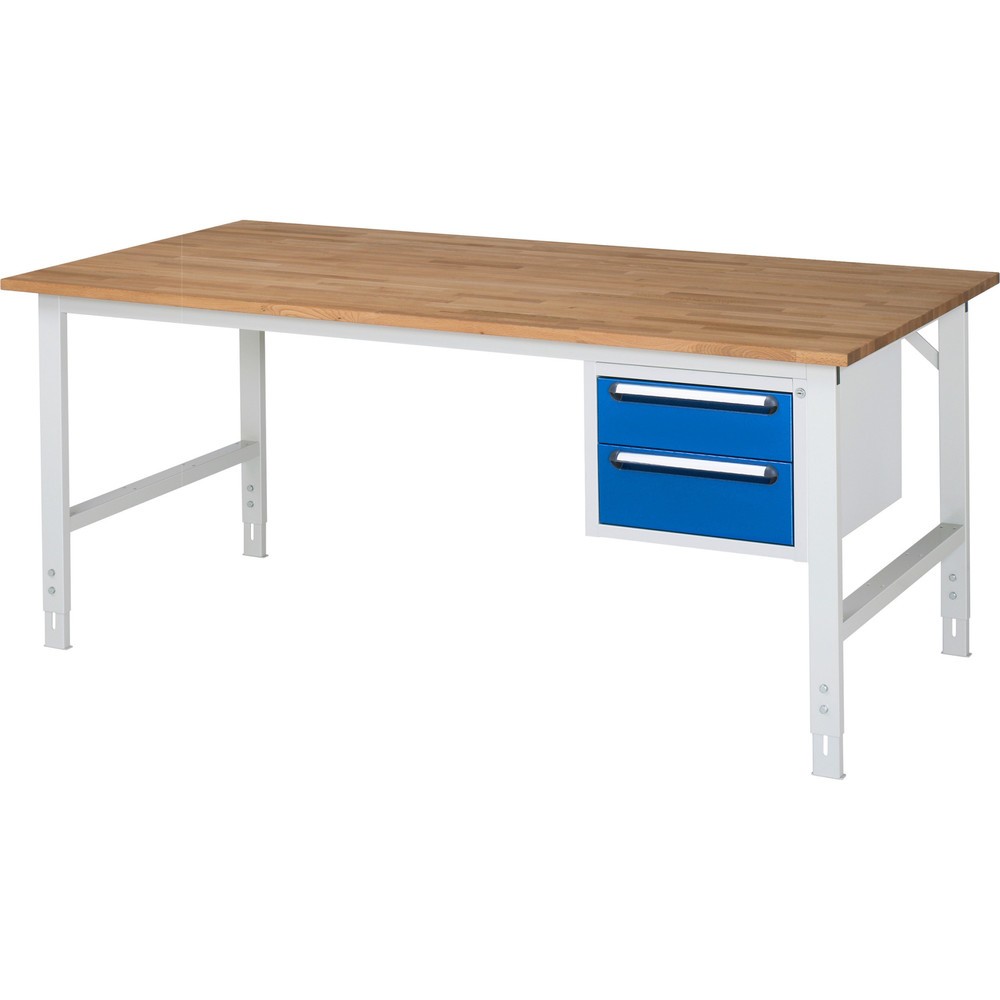 Číslo obrázka výrobku 1: Výškovo nastaviteľný pracovný stôl RAU série TOM, v × š × h 760 – 1 080 × 2 500 × 1 000 mm, 2 zásuv., pracovná doska z bukového masívu