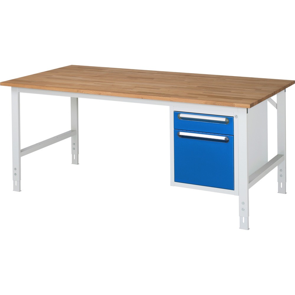 Číslo obrázka výrobku 1: Výškovo nastaviteľný pracovný stôl RAU série TOM, v × š × h 760 – 1 080 × 2 500 × 1 000 mm, 2 zásuv., pracovná doska z bukového masívu