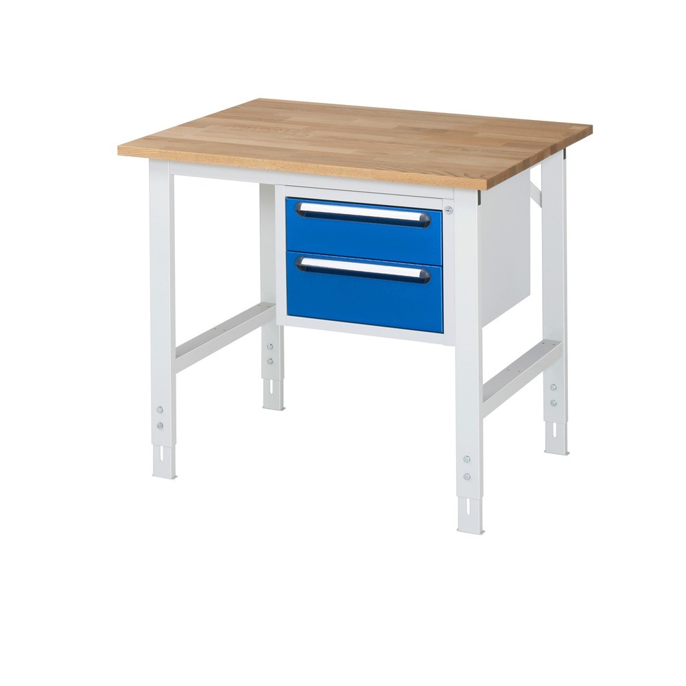 Číslo obrázka výrobku 1: Výškovo nastaviteľný pracovný stôl RAU série TOM, v × š × h 760 – 1 080 × 1 000 × 800 mm, 2 zásuv., pracovná doska z bukového masívu