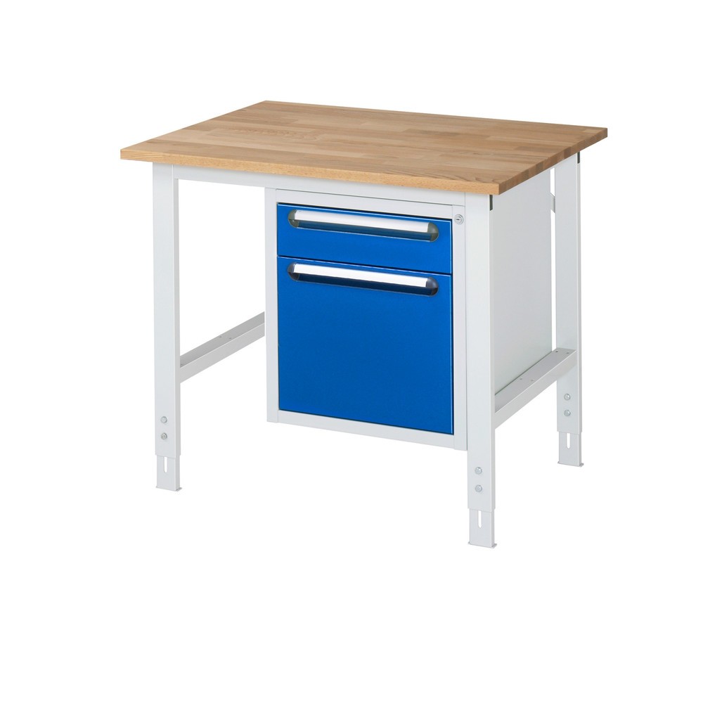 Číslo obrázka výrobku 1: Výškovo nastaviteľný pracovný stôl RAU série TOM, v × š × h 760 – 1 080 × 1 000 × 800 mm, 2 zásuv., pracovná doska z bukového masívu