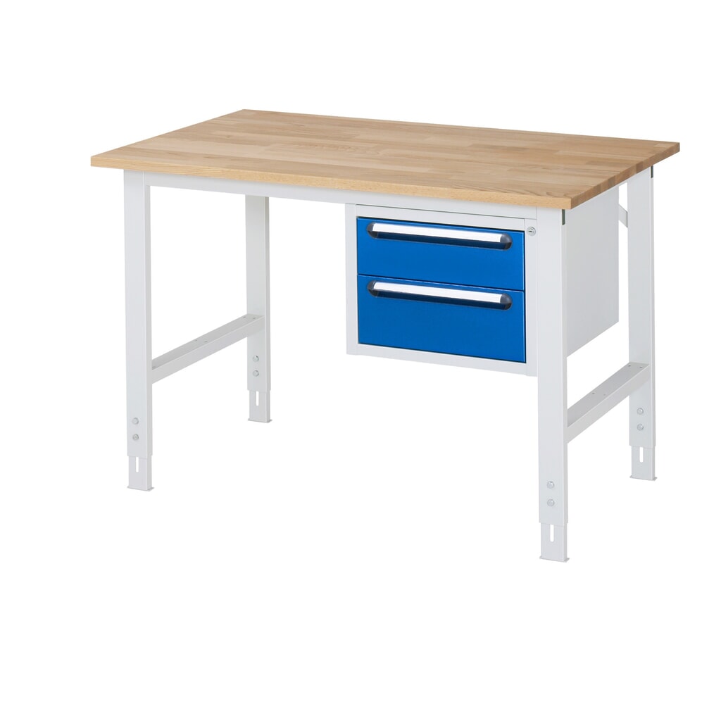 Výškovo nastaviteľný pracovný stôl RAU série TOM, v × š × h 760 – 1 080 × 1 250 × 800 mm, 2 zásuv., pracovná doska z bukového masívu Obrázok výrobku: Výškovo nastaviteľný pracovný stôl RAU série TOM, v × š × h 760 – 1 080 × 1 250 × 800 mm, 2 zásuv., pracovná doska z bukového masívu