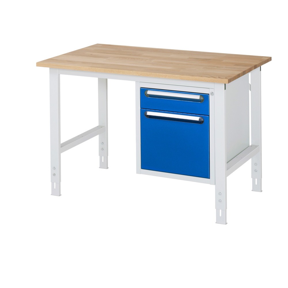 Číslo obrázka výrobku 1: Výškovo nastaviteľný pracovný stôl RAU série TOM, v × š × h 760 – 1 080 × 1 250 × 800 mm, 2 zásuv., pracovná doska z bukového masívu