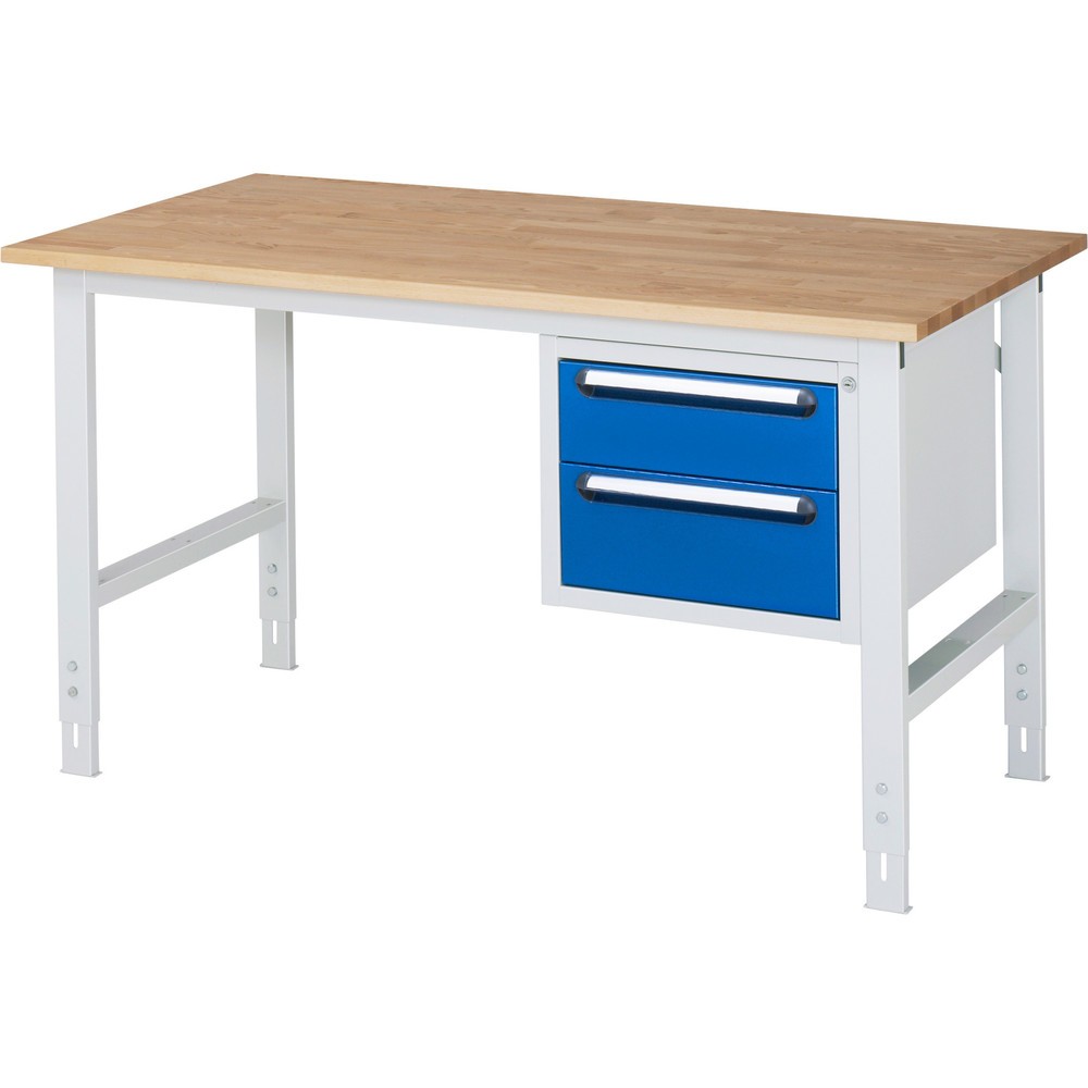 Číslo obrázka výrobku 1: Výškovo nastaviteľný pracovný stôl RAU série TOM, v × š × h 760 – 1 080 × 1 500 × 800 mm, 2 zásuv., pracovná doska z bukového masívu