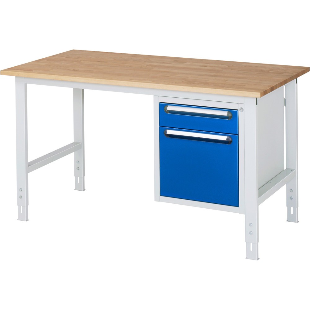 Číslo obrázka výrobku 1: Výškovo nastaviteľný pracovný stôl RAU série TOM, v × š × h 760 – 1 080 × 1 500 × 800 mm, 2 zásuv., pracovná doska z bukového masívu