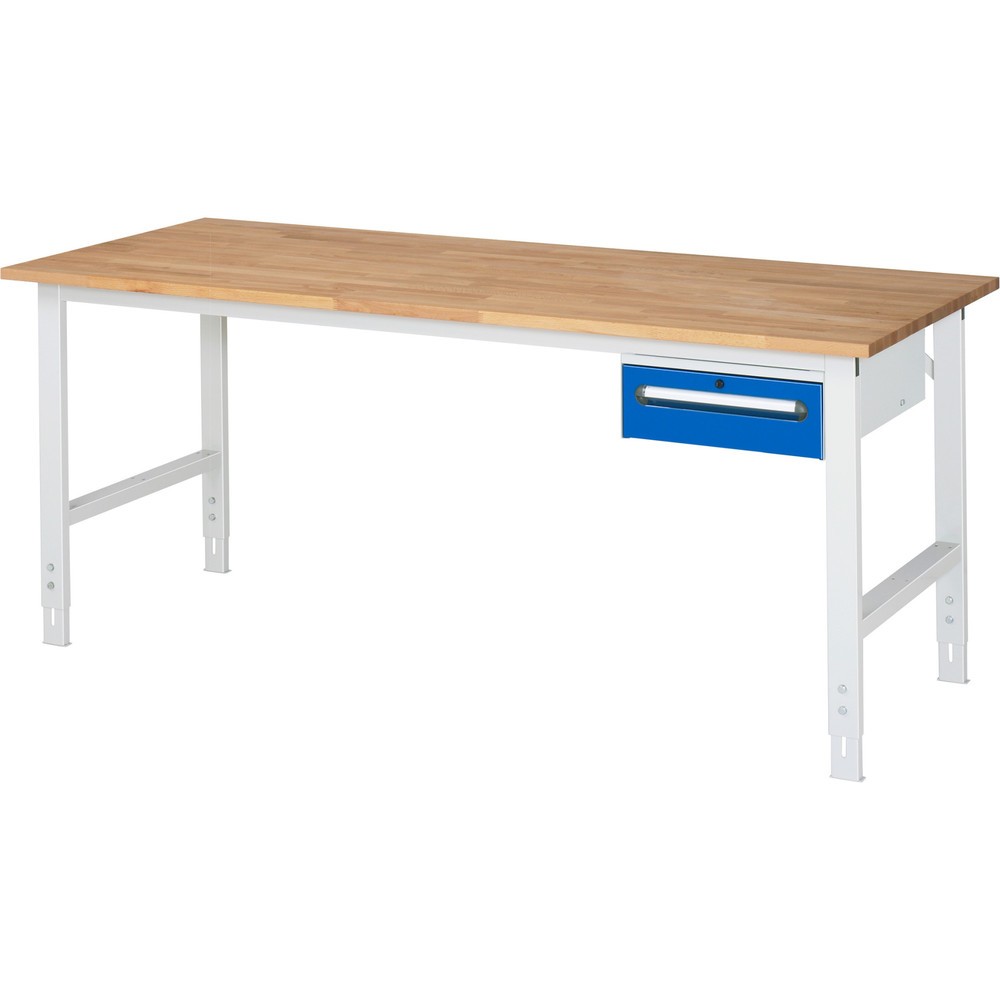 Číslo obrázka výrobku 1: Výškovo nastaviteľný pracovný stôl RAU série TOM, v × š × h 760 – 1 080 × 2 500 × 800 mm, 2 zásuv., pracovná doska z bukového masívu