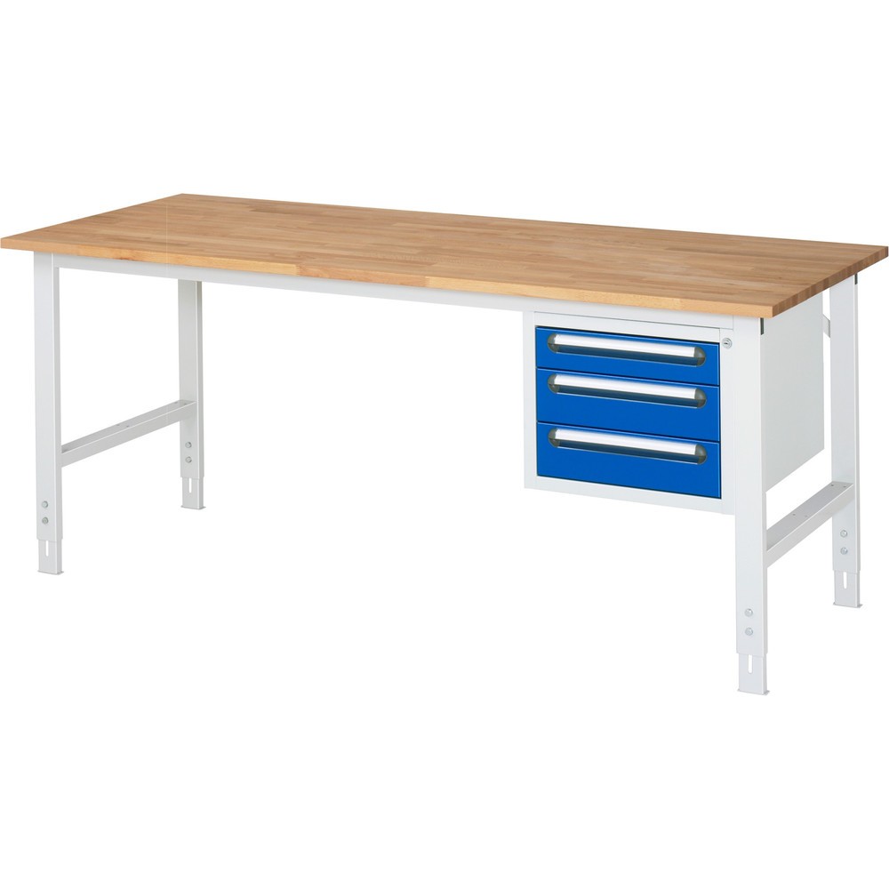 Číslo obrázka výrobku 1: Výškovo nastaviteľný pracovný stôl RAU série TOM, v × š × h 760 – 1 080 × 2 500 × 800 mm, 2 zásuv., pracovná doska z bukového masívu