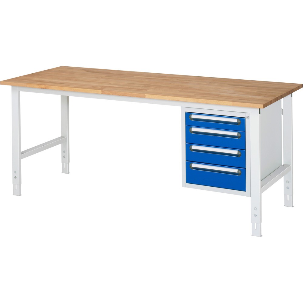 Číslo obrázka výrobku 1: Výškovo nastaviteľný pracovný stôl RAU série TOM, v × š × h 760 – 1 080 × 2 500 × 800 mm, 2 zásuv., pracovná doska z bukového masívu
