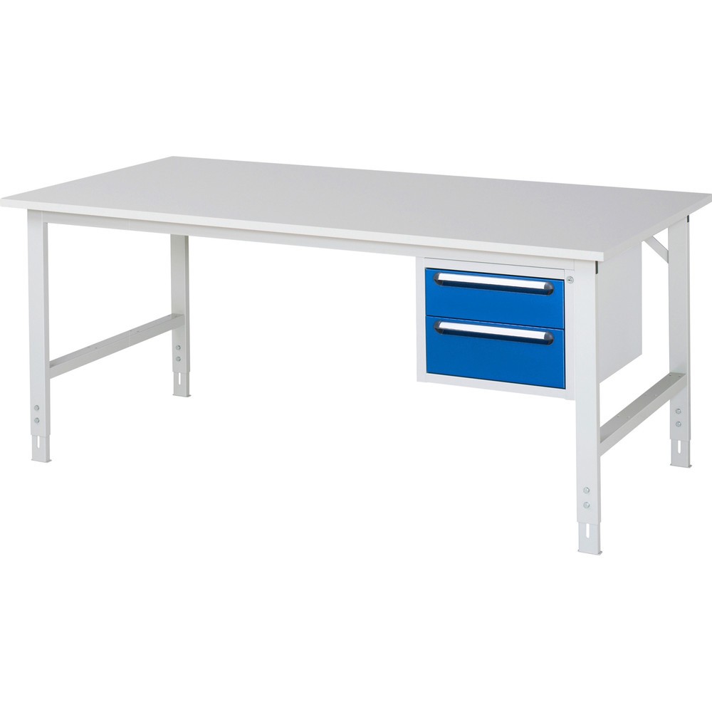 Číslo obrázka výrobku 1: Výškovo nastaviteľný pracovný stôl RAU série TOM, v × š × h 760 – 1 080 × 2 500 × 1 000 mm, 2 zásuv., pracovná doska s melamínovým povrchom